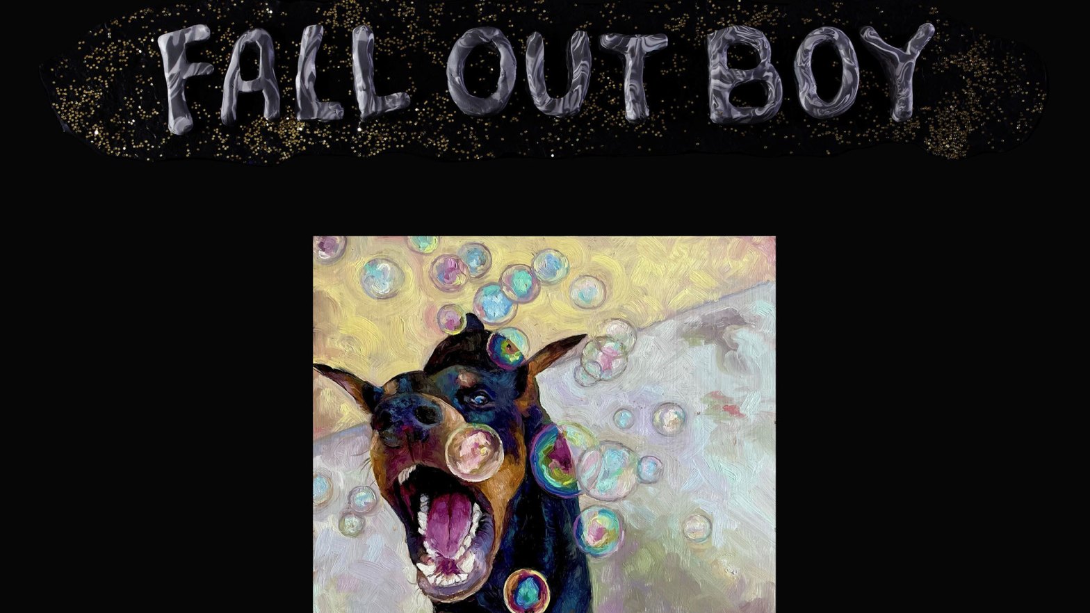 album cover black square with picture of dog and bubbles - fall out boy, so much for stardust